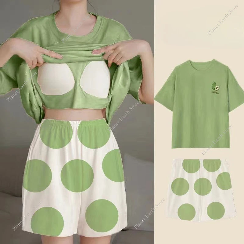 Summer Women's Pajamas Set Sleepwear 2 PCS - Short Tank Tops and Shorts with Chest Pad Womens Printing Pyjama Home Leisure Suit