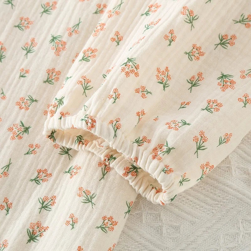 2023Women's Pajamas Pure Cotton Women's Long sleeved Pants Round Neck Loose Homewear Small Fower Print Baby Cotton Sleepwear Set