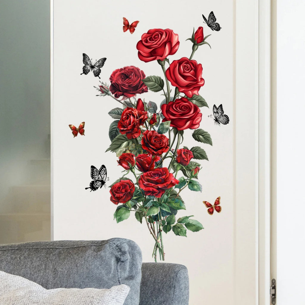 DIY Self-Adhesive Red Rose Wall Stickers For Living Rooms Bedroom Background Wall Decoration Creative Sticker Mural Home Decor