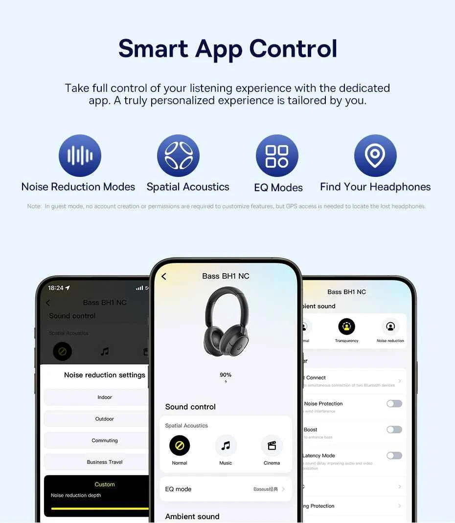 Baseus Bass EH10 NC Wireless Headphones Bluetooth 6.0 Noise Canceling 45dB Over Ear HeadsetSpatial Audio Earphone 80H Time