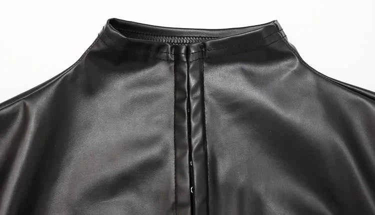 CNYISHE PU Leather Button Solid Short Sleeve Women Tops Sheath Fashion High Collar Blouse Fitness Female Sexy Club Tees Chic