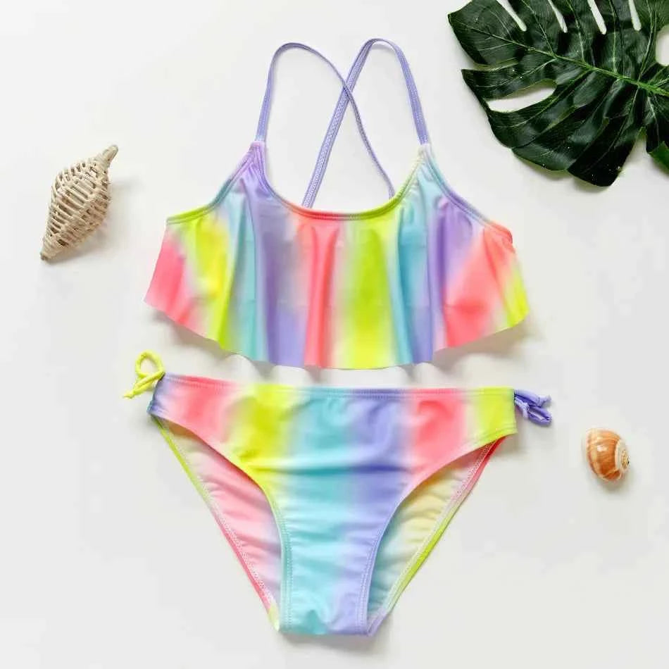 2-10Y New Fashion Kid Rainbow Design Bikini Set Lovely Two Pieces Child Swimwear Cute Girl Flouncing Swimsuit Summer Beachwear