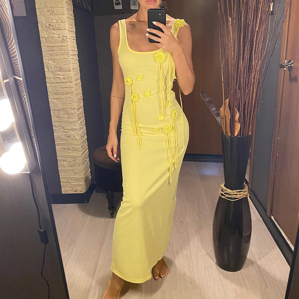 Beachwear Cover-ups Knitted Beach Dress Women Vacation Fashion 3D Flower Slim Holiday Outfits Summer Maxi Party Dresses V6181