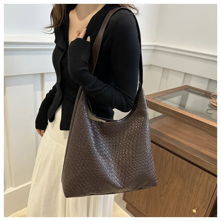Women's Retro Artificial Leather Woven Pattern Shoulder Bag,Large Capacity Tote Bag,Casual Armpit Bag, Large Tote Bag,Daily Work