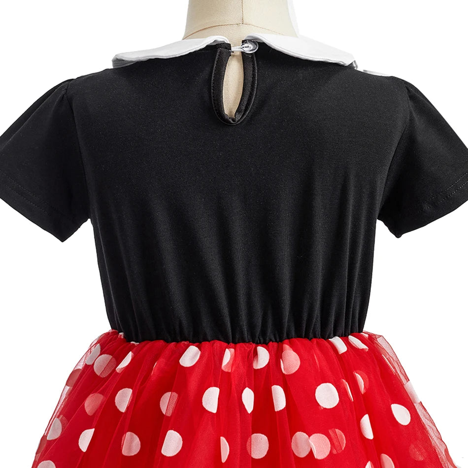 Children Casual Clothes Summer Short Sleeve Dots Girls Dress Kids Peter Pan Collar Cute Birthday Costume with Mouse Ear Headband