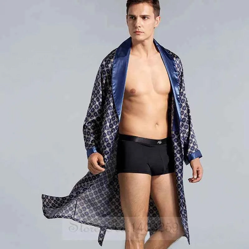 Plus Size 3XL 4XL 5XL Men Robe Sleepwear Navy Blue Stripe Kimono Bathrobe Gown with Pocket Summer Satin Home Clothes Lounge Wear