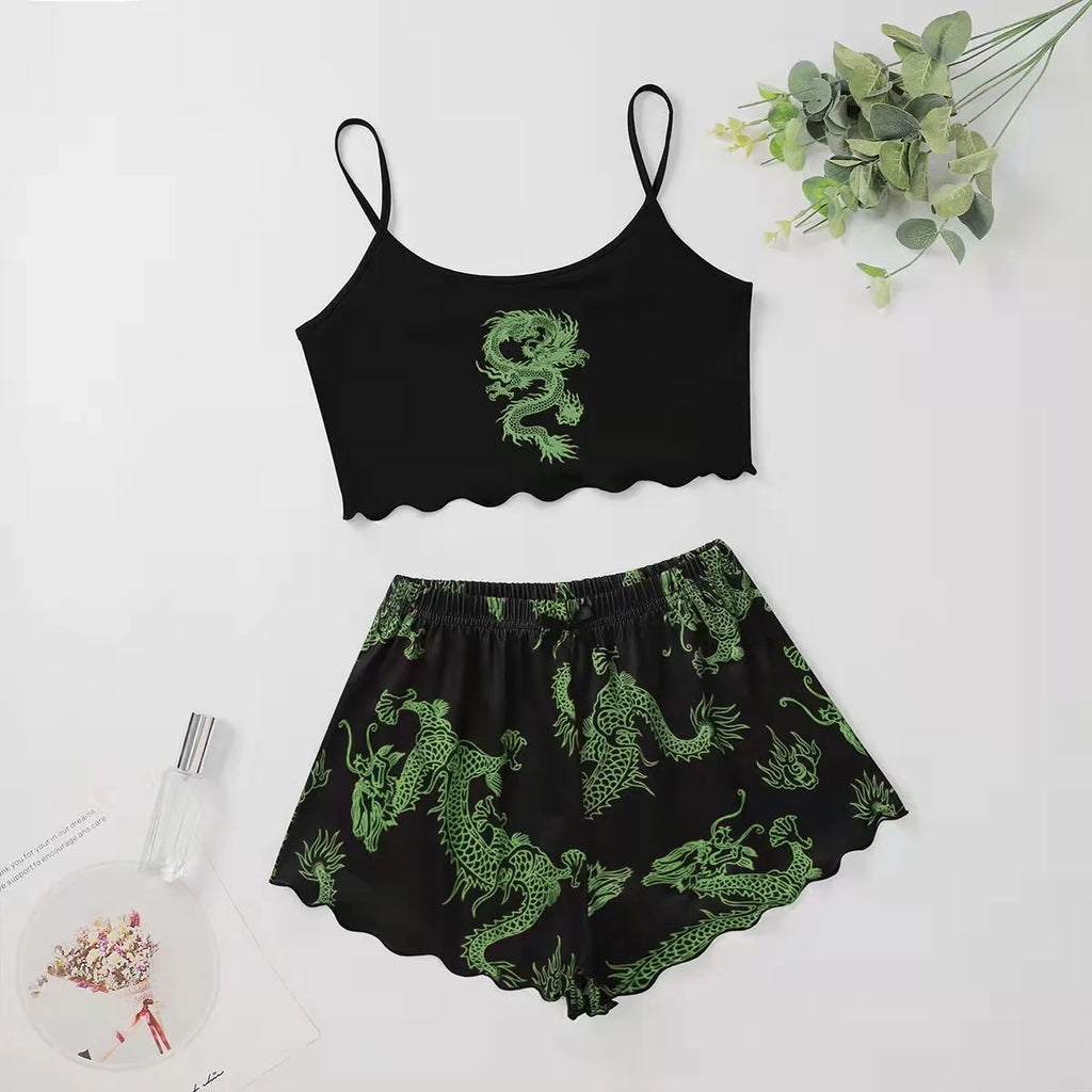 Summer Silk Satin Pyjama Pajamas for Women Sexy Sleepwear Sling Top Shorts Pajama Set Cartoon Pattern Printing 2-Piece Homewear