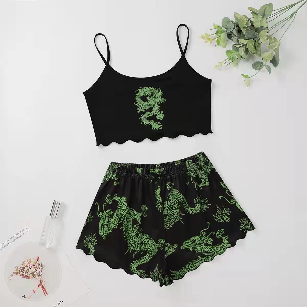 Summer Silk Satin Pyjama Pajamas for Women Sexy Sleepwear Sling Top Shorts Pajama Set Cartoon Pattern Printing 2-Piece Homewear