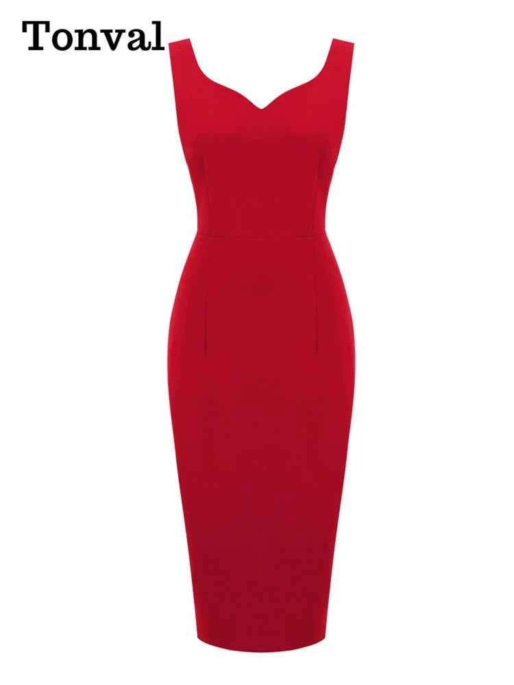 Tonval Sweetheart Neck Sleeveless Office Midi Pencil Dresses for Women 2023 Vintage Red Solid Elegant Slim Bodycon Dress