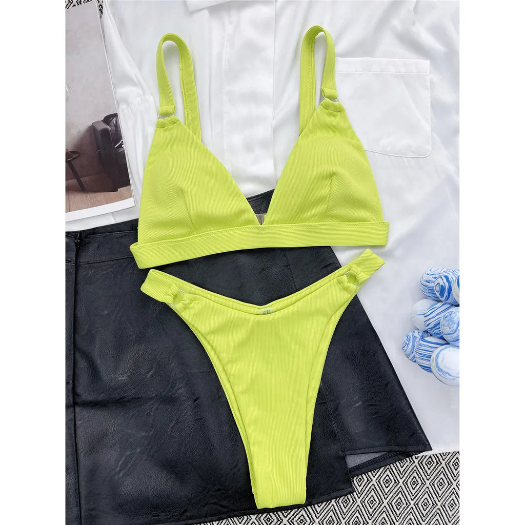 Sexy High Leg Cut Ribbed Bikini Women Swimwear Female Swimsuit Two-pieces Bikini set Padded Bather Bathing Suit Swim Lady V3255