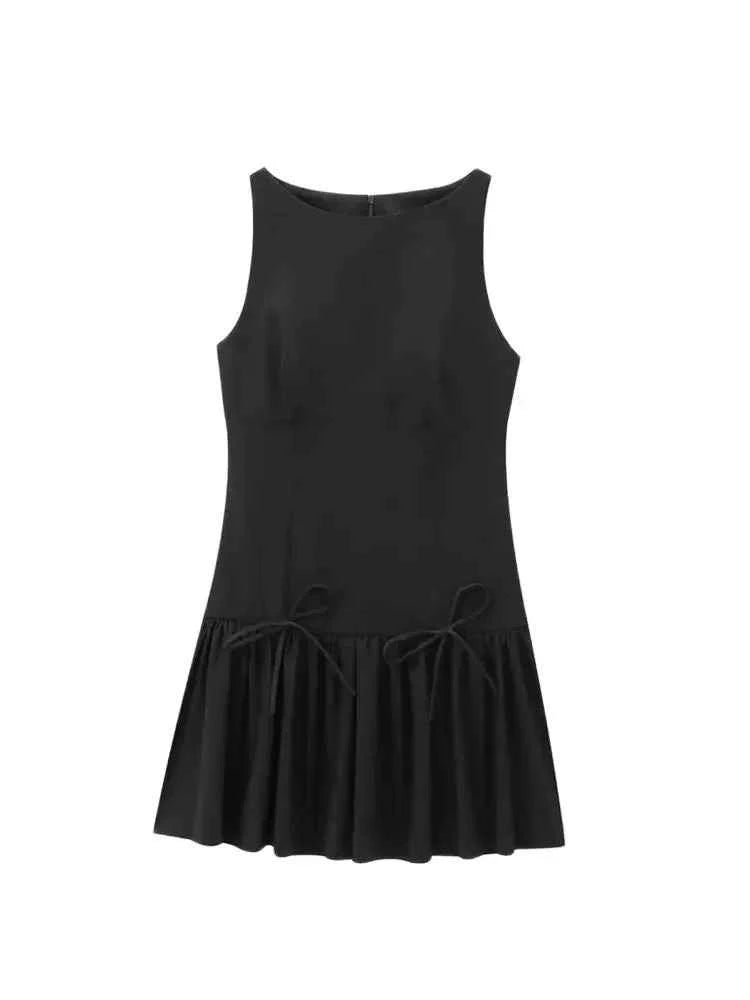 Women's Ruffled Mini Dress with Bows, O Neck, Sleeveless, Back Zipper, Female Dresses, Chic Fashion