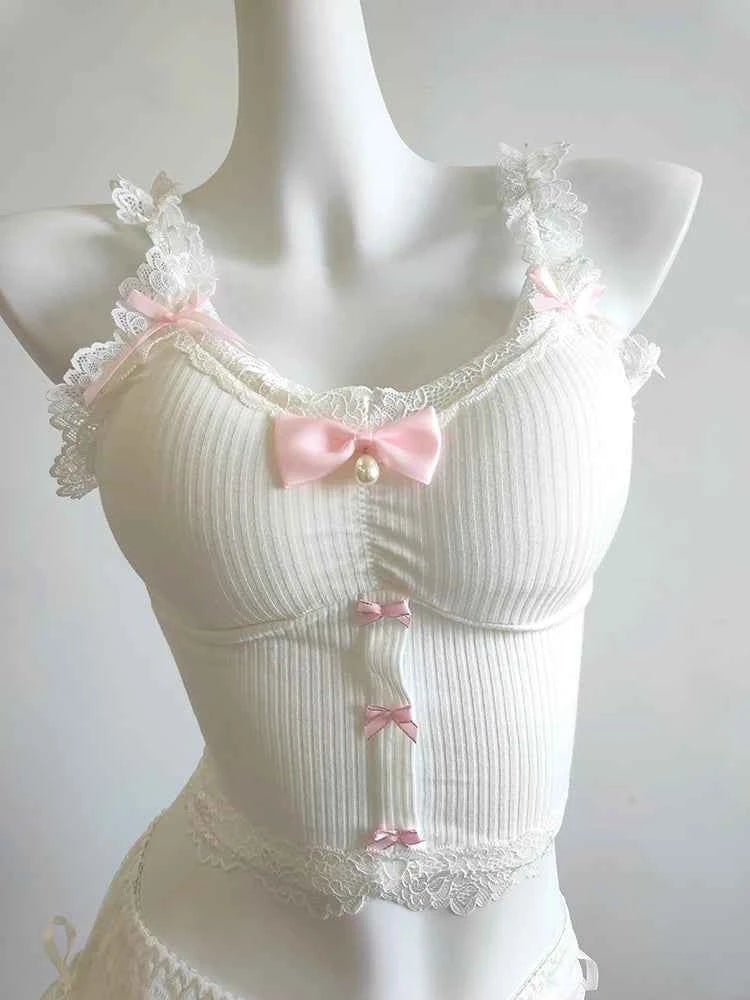 Sweet Crop Top Women Lace Trim Cotton Cropped Bows Bead Decoration Pink White Cute Camis Sweet Girls Lolita Style Kawaii Clothes