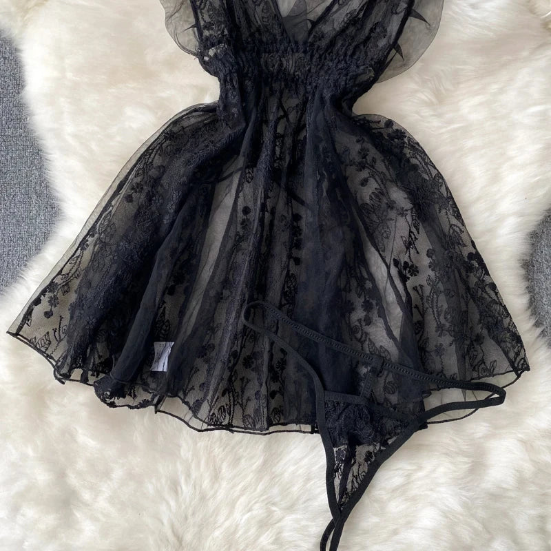 Summer Girls Sexy Hot Sweet Transparent Suspender Mini Dress Women Elastic Waist And Backless Strap Lolita Pajamas Bubble Skirt