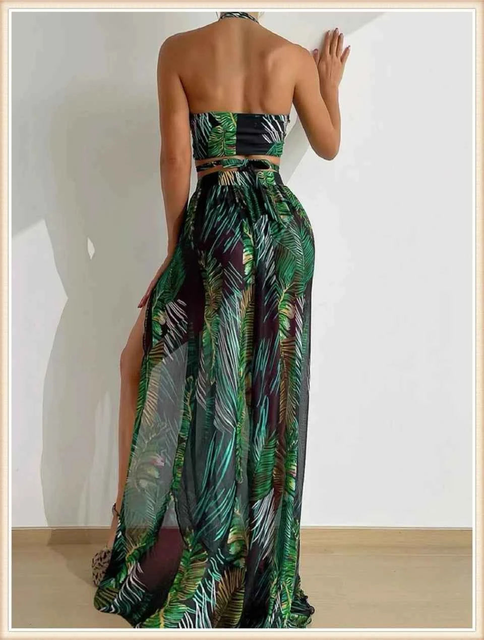 3 Pieces Print Cross Bikini 2025 Women Sexy Halter Swimsuit & Cover Up Beach Dress Swimwear Bathers Bathing Swimming Suit Summer