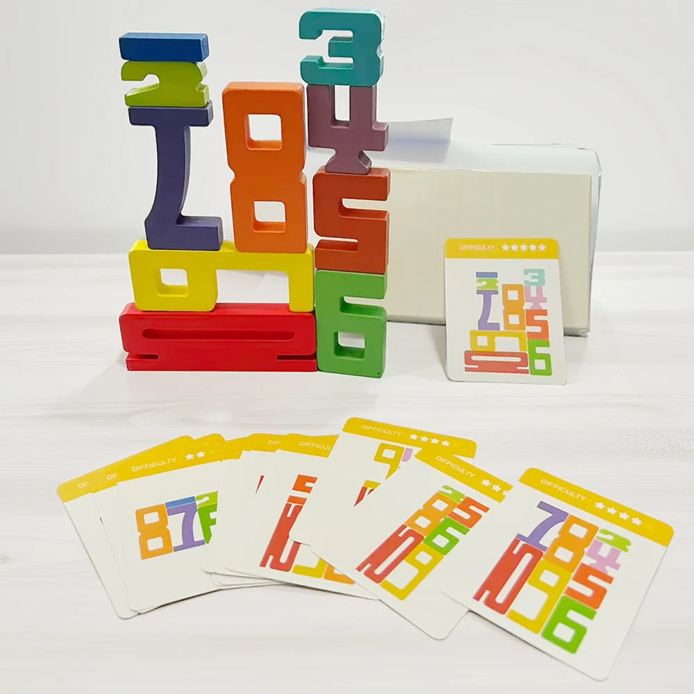 Wooden Digital Building Blocks, Number Stacking Blocks, 15pcs Double-Sided Cards, Children's Educational Toy For Math Learning