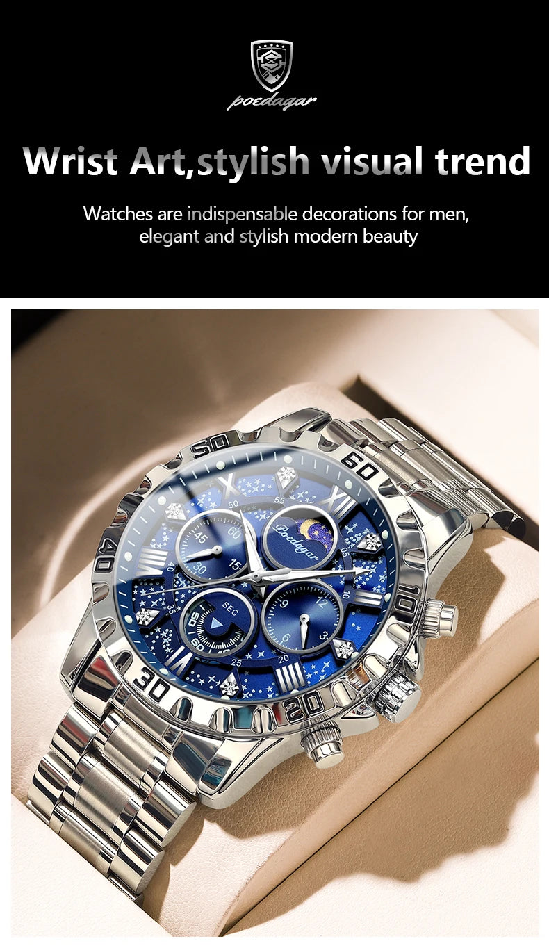 POEDAGAR Luxury Fashion Man Watch Waterproof Luminous Chronograph Men Watch Stainless Steel Sports Military Quartz Men's Watches