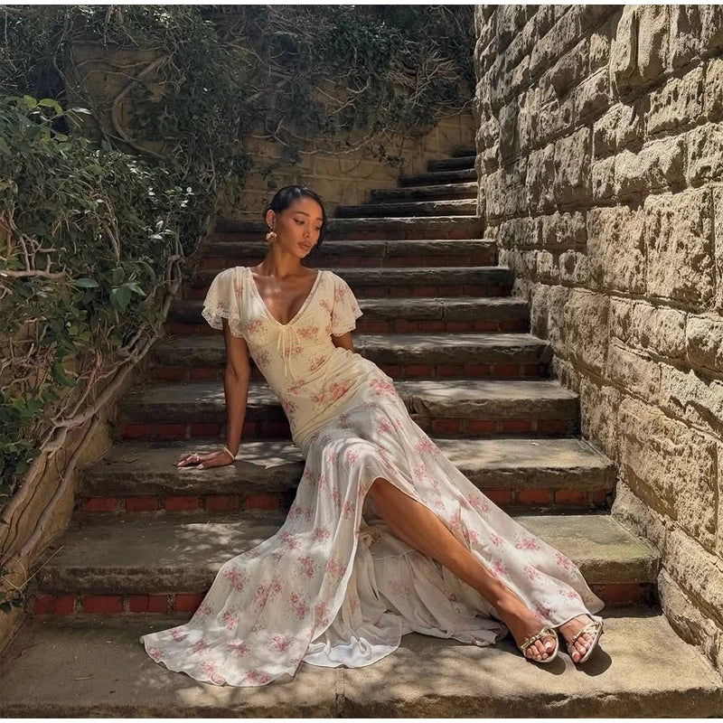 Women Elegant Printed Fishtail Dress Sexy V-neck Short Sleeve Waist-cinching Pleated Slim Maxi Dresses 2026 Lady Vacation Robe