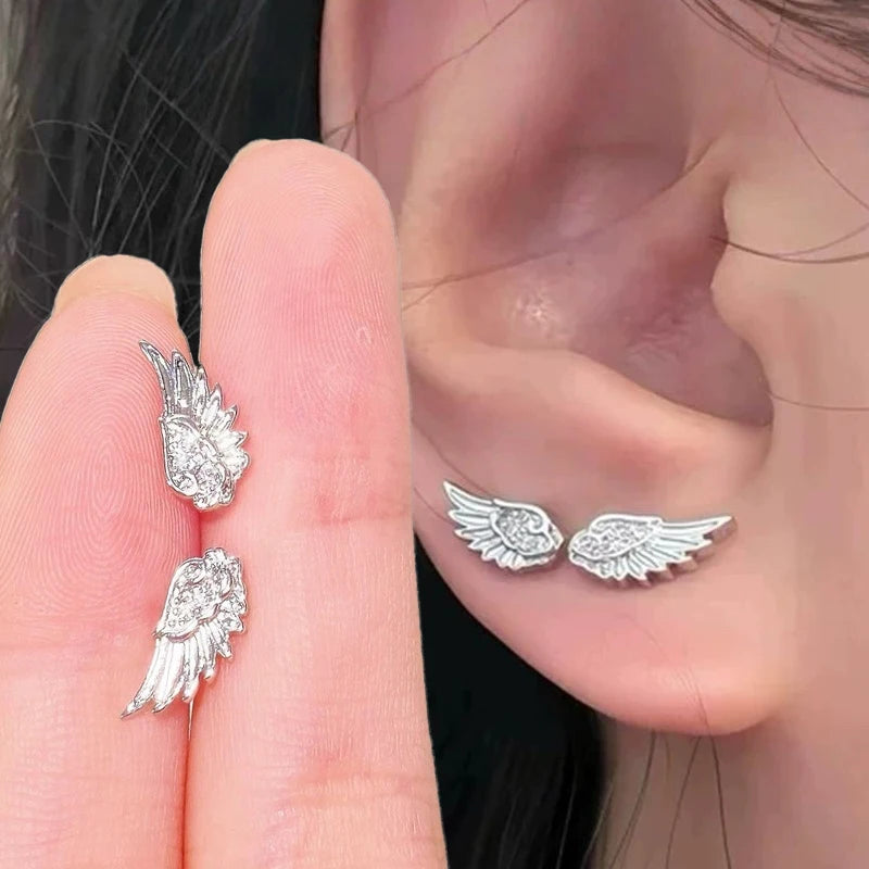 Fashion Zircon Wing Stud Earrings for Women Luxury Shiny Crystal Creative Angel Wings Cross Silver Color Ear Studs Jewelry Gifts