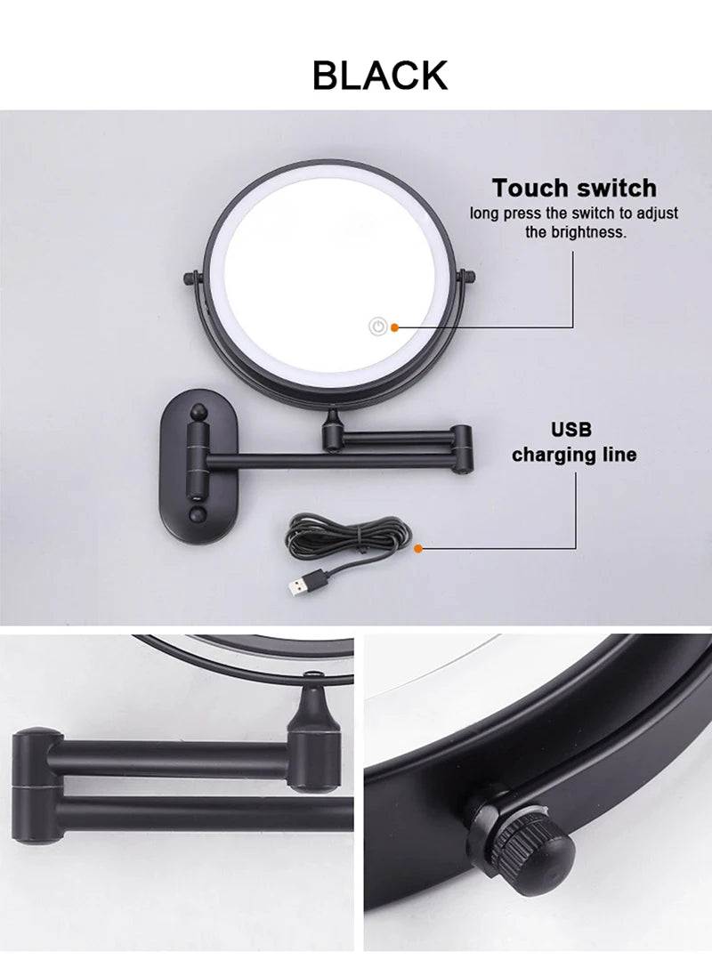 8 Inch Makeup Mirror Gold 3x/5x/7x/10x Magnifying Double Side USB Charging Bathroom 3 Color Light Cosmetic Mirrors