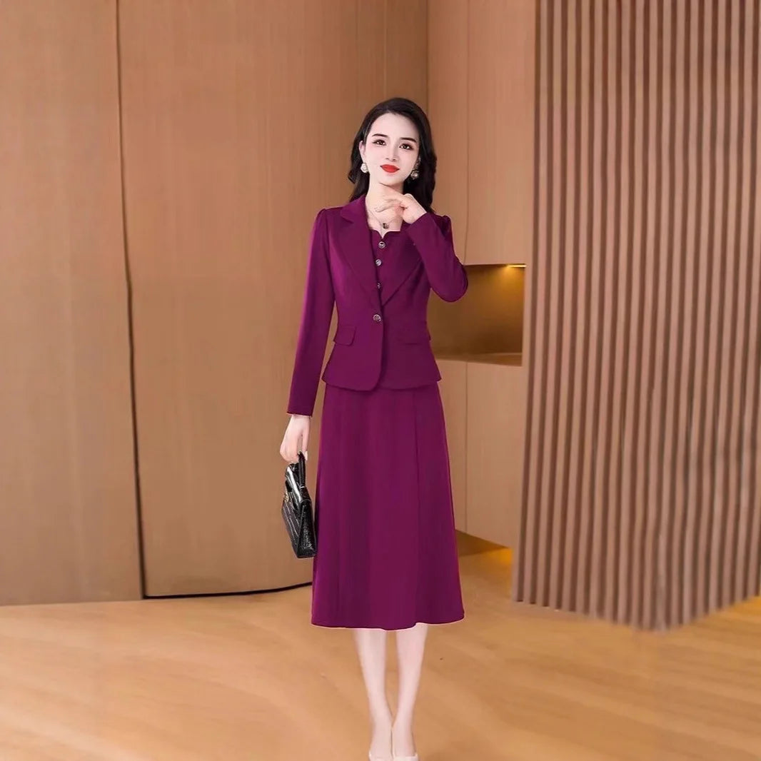 Fashionable Red Two-Piece Set Korean Japanese Style Women's Dress Suit Autumn Spring Lightweight Polyester Commute Style
