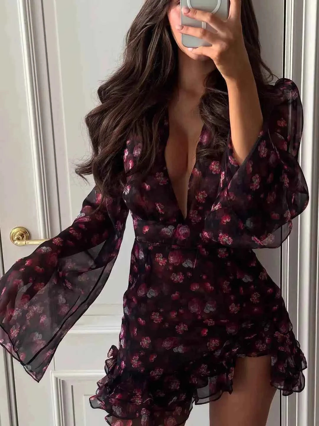 Flora Painted Ruffle Mini Dress Women Elegant Full Sleeve Deep V-neck Slim A-line Dresses 2026 Lady Holiday Street Outwear New
