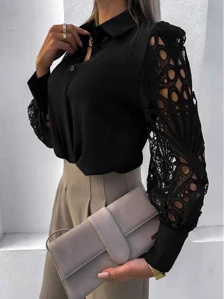White Sexy Lace Hollow Out Women Blouse Autumn 2025 Spring Black Top Vintage Button Up Shirts Long Sleeve Mesh Design Tops 19948