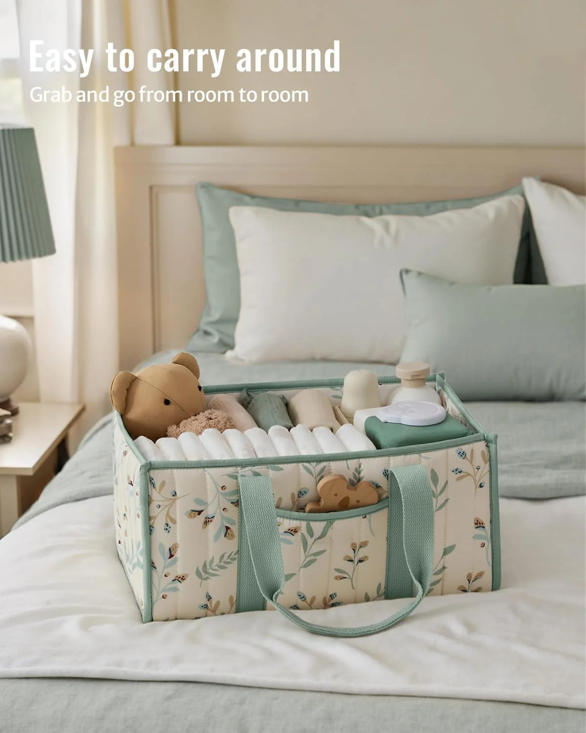 Diaper Caddy Organizer, Stylish Nursery Storage Basket, Gift for Baby Shower, Newborn Essentials, Floral Beige