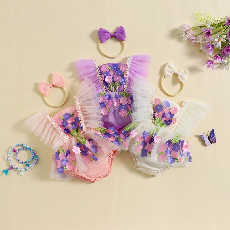Baby Girl Princess Romper Dress Cute Summer Ruffle Sleeveless 3D Flower Tulle Tutu Rompers with Headband 2Pieces Infants Outfits
