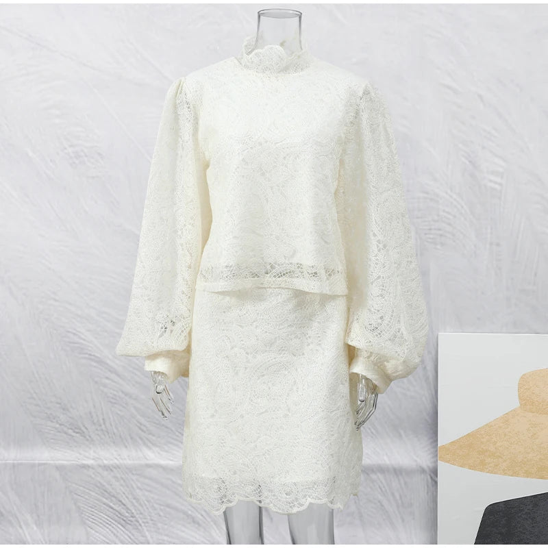White Lace Dresses Elegant Solid Flared Sleeve High Neck Slim Pleat Mini Women Dress 2026 New Fashion Club Evening  Party Robes