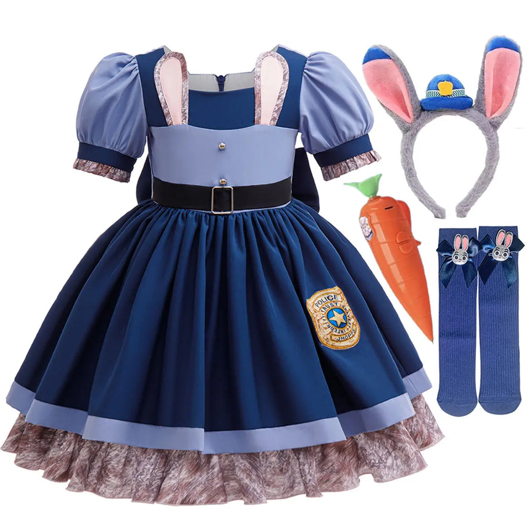 Disney Girls Cosplay Zootopia 2 Police Officer Judy Bunny Dress For Kids Holiday Party Cute Dress With Accessories Fancy Set
