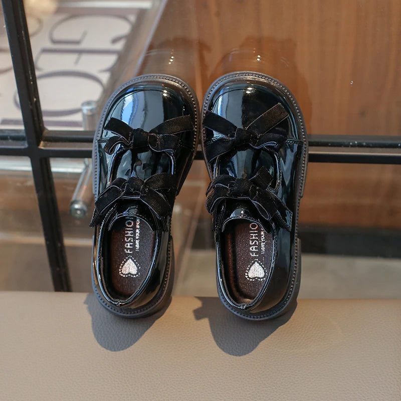 Chic Girls Black Mary Jane Shoes with Double Bowknot Spring Autumn Kids Princess Leather Shoe Fashion Causal Children Flat Shoes