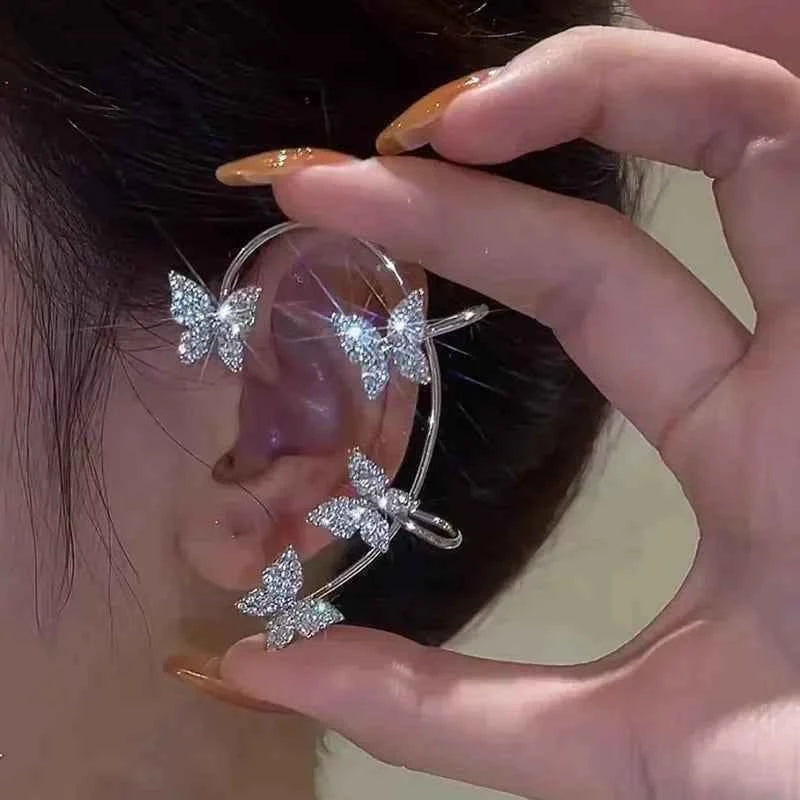Silver Plated Metal Leaf Butterfly Clip Earrings for Women Ear Clips Without Piercing Sparkling Zircon Ear Cuff Fashion Jewelry