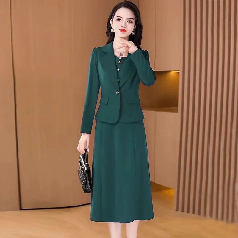 Fashionable Red Two-Piece Set Korean Japanese Style Women's Dress Suit Autumn Spring Lightweight Polyester Commute Style