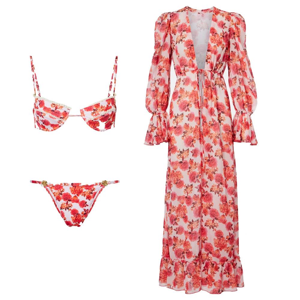 Print Bikini Swimsuit and Cover Up Bikini Set Women Sexy Lace Swimwear High Leg  Bathing Suit Beachwear Biquini