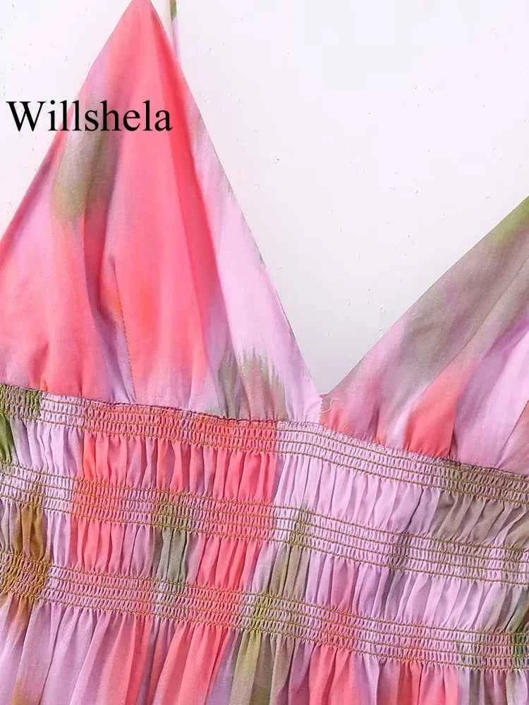 Willshela Women Fashion Printed Elastic Waist Backless Lace Up Midi Dress Vintage Thin Straps V-Neck Female Chic Lady Dresses