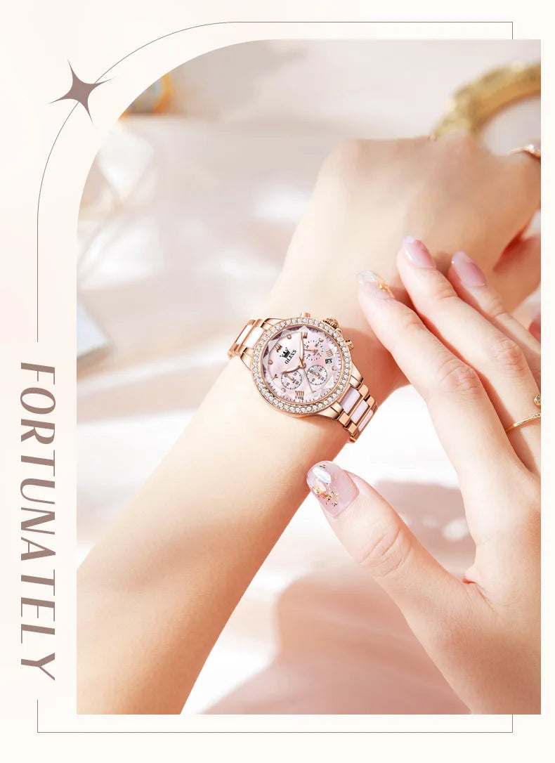 OLEVS 9999 Women Watch Brand Original Elegant Waterproof Chronograph Luxury Ceramic Dress Pink Women Quartz Watch Reloj Mujer