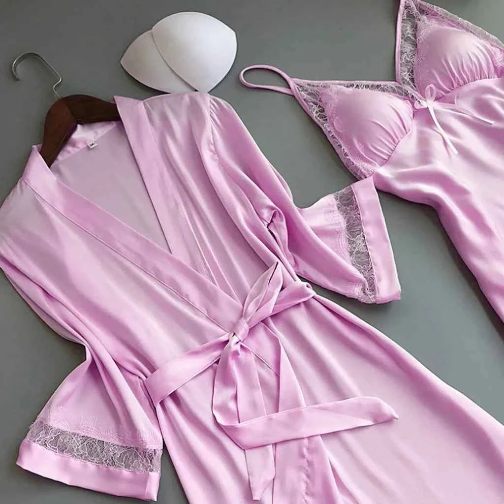2pcs Women Pajamas Suit Silky Satin Nightgown Nightdress Set Lace Patchwork Lace-Up Women Bathrobe Sleepwear Set