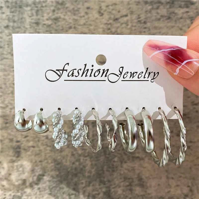 Silver Color Twist Hoop Earrings Set Brincos Heart Pearl Hoops Vintage Metal Geometric Earrings for Women 2023 Trendy Jewerly