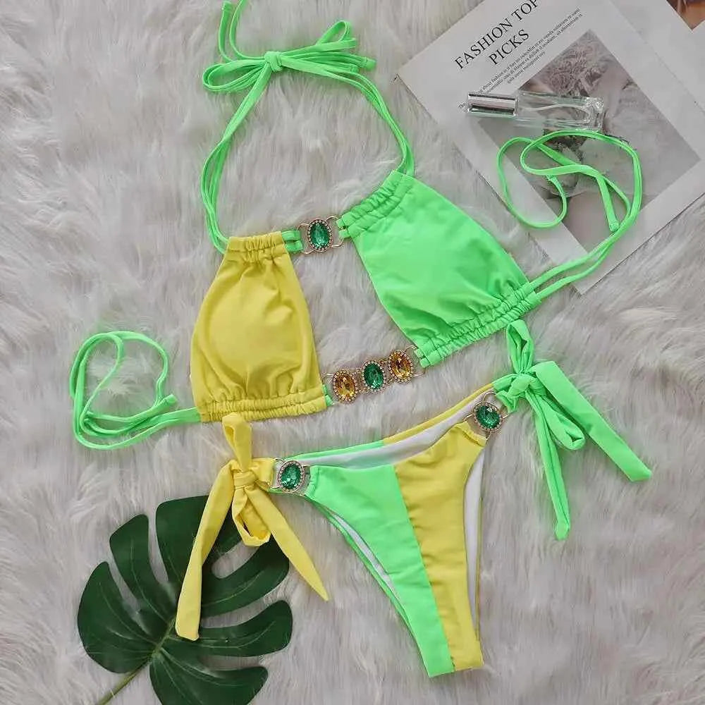 2026 Splicing Halter Diamond Bikini Women Swimsuit Female Swimwear Two Pieces Bikini Set Hollow Out Bathing Suit Swim Beach Wear