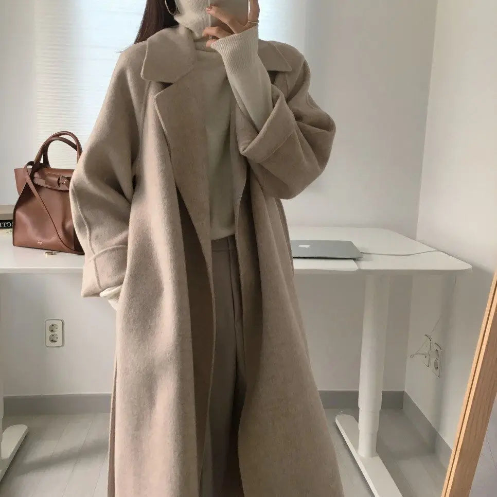 Chic Thick Warm Lapel Lace-up Pockets Loose Woolen Coat 2025 Autumn Winter New Korean Female Long Oversize Casual Women Clothes