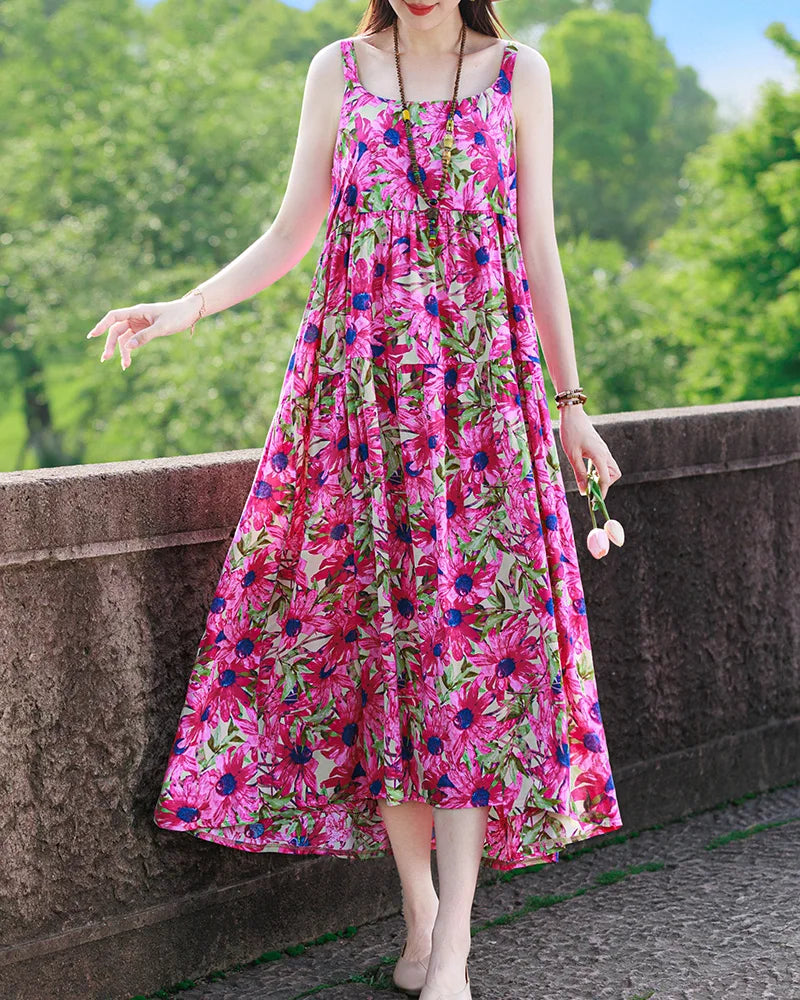 New Fashion Casual 2025 Summer Elegant Dresses For Women O-Neck Print Vintage Sleeveless Dress Loose Women Clothing