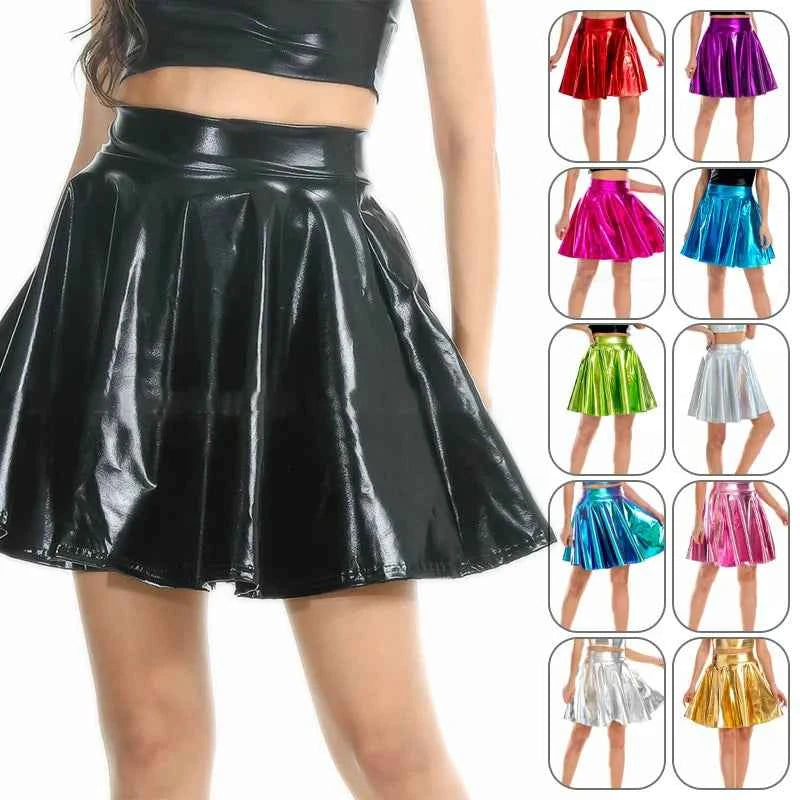 Women Summer Sexy Laser Skirts Mini PU Leather Club Party Dance Shiny Holographic Skirts Harajuku JK Metallic Pleated Skirts