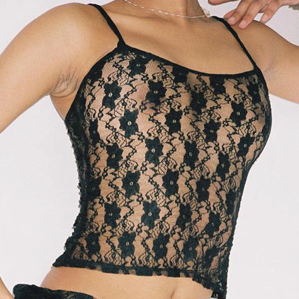 New Summer Sexy Little Plum Lace Vest Black Perspective Sexy Top Slim Ladies Halter Shirt Black Sexy Slim Fashion Trend Vest