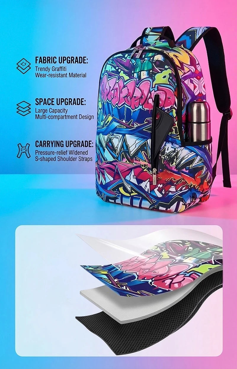 A Hip-Hop Street-Style Backpack with Spray-Painted Ground Motifs for Men, a New Trendy Lightweight Printed Backpack with a Checkered Pattern, Also a Fashionable Outdoor Commuter Bag, Large-Capacity Travel Bag, Multifunctional