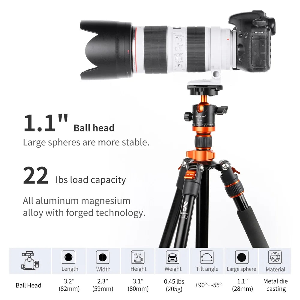 K&F CONCEPT Professional Tripod Ball Head 360° Rotation Panoramic 1/4" to 3/8" Srew Adapters BallHead for Tripod Monopod Camera