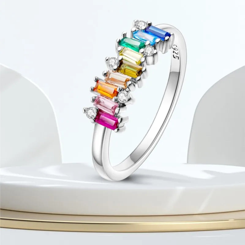 MISEFF Real 925 Sterling Silver Double Rings Simple Color Zircon Rings For Wedding Engagement Birthday Silver Jewelry Gift