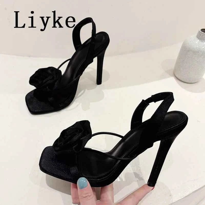 Liyke Summer Square Toe Slip On Back Strap Sandals Women Fashion Red Rose Flowers Designer High Heels Ladies Shoes Size 35-42