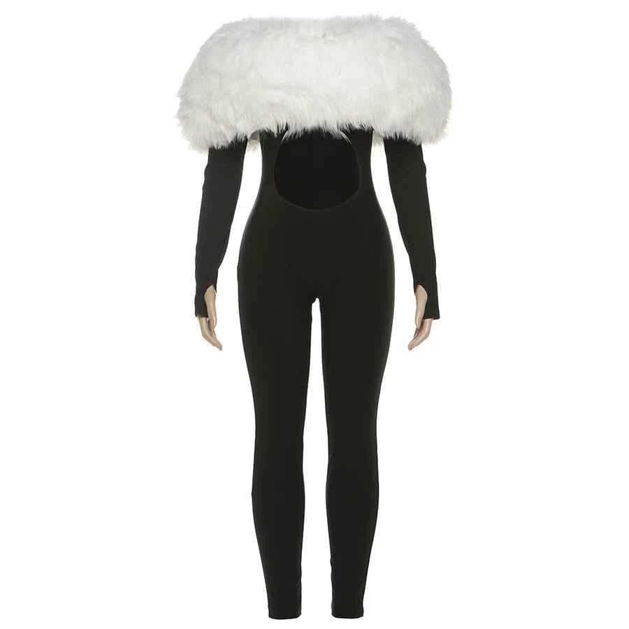 Weird Puss Furry Slash Neck Jumpsuits Woman Luxury Hipster Patchwork Trend Sexy Hollow Stretch Fitness Club Activity Overalls