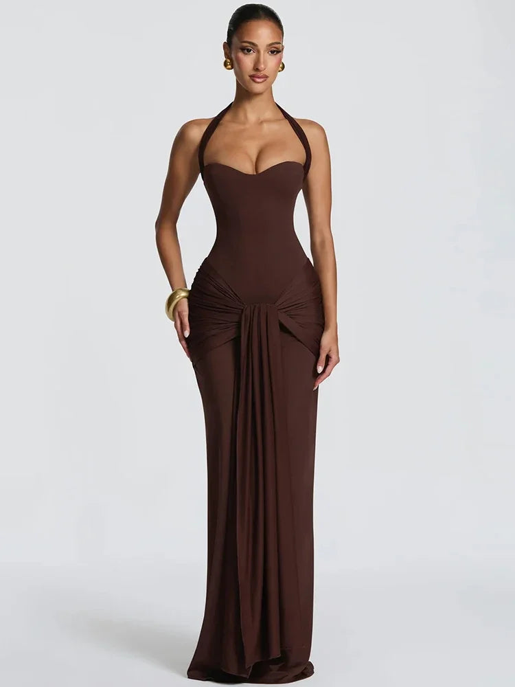 Sexy Backless Lace Up Halter Neck Maxi Dress Women Sleeveless Ruched Waist Draped Bodycon Dresses Party Evening Cocktail Robes