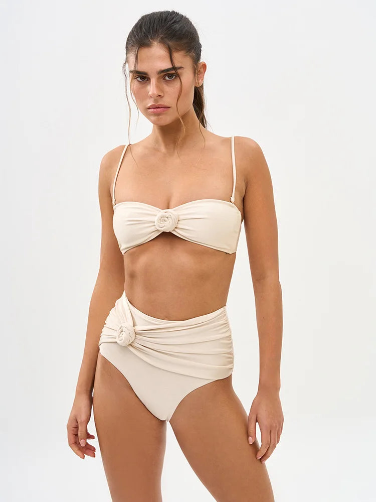 Pleated Swimsuits 2026 Solid Color Bikini High Waist Swimwear Women Bandage Bathing Suit String Biquini Mujer Summer Beach Wear